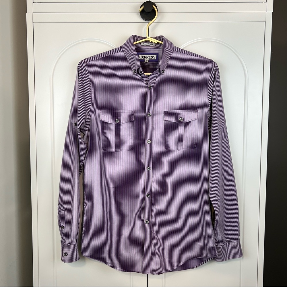 Express Men's Burgandy Striped Button-Down Shirt